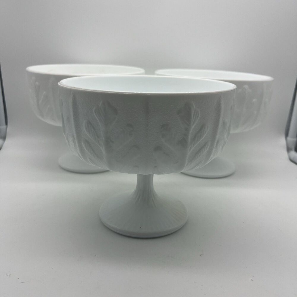 Vintage FTD White Milk Glass Leaf Pattern Pedestal Compote Bowls, Set of 3